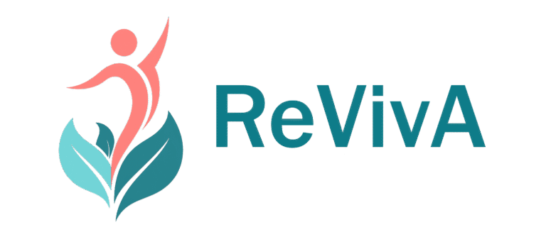 Logo de Reviva, avec une personne qui s'élance vers le haut, des feuilles à ses pieds
